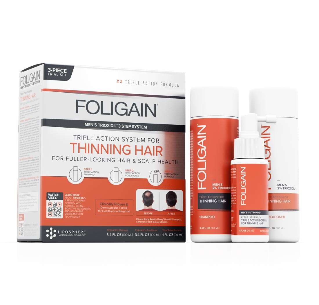 FOLIGAIN Triple Action Hair Care System for Men three piece trial set
