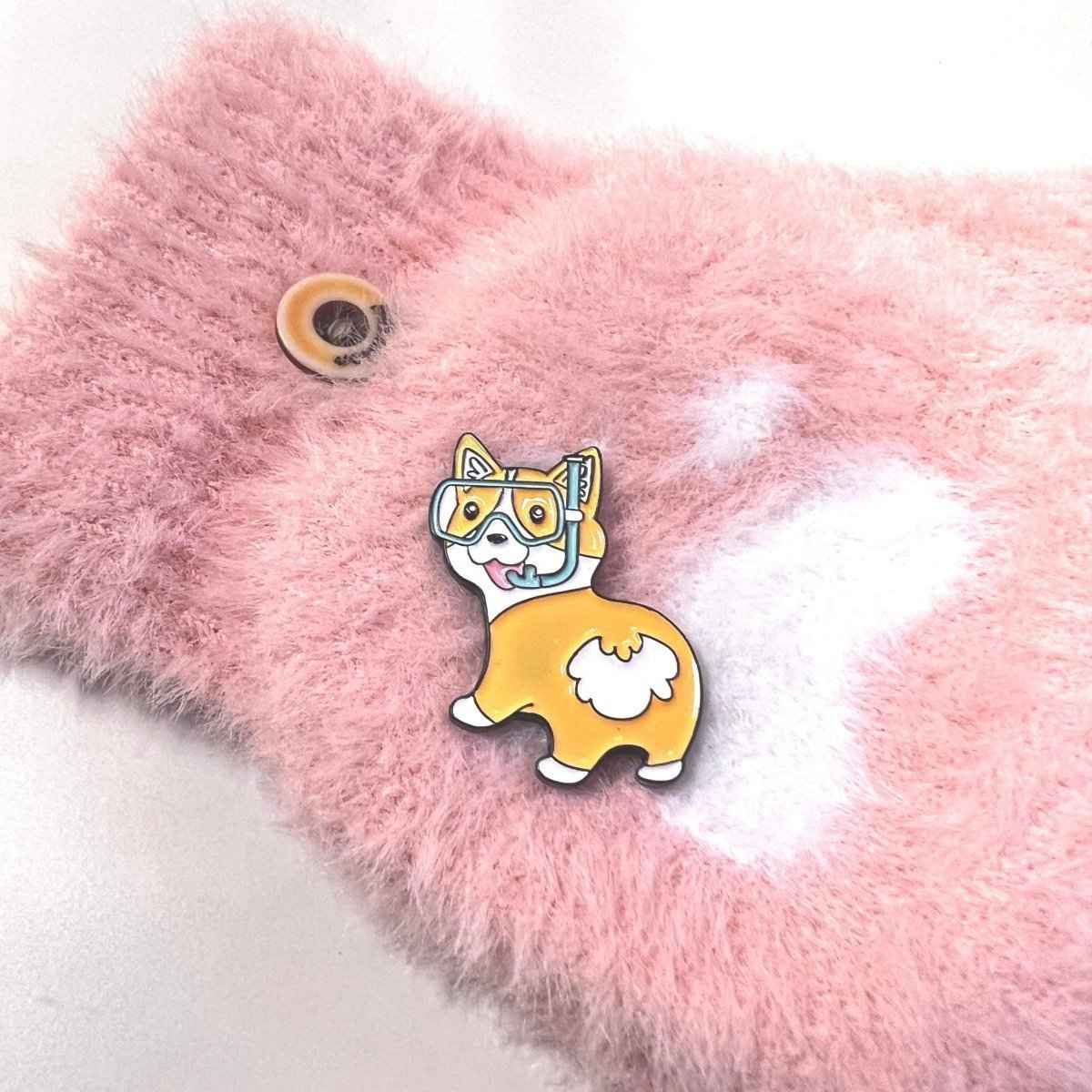 Corgi Enamel Pin with yellow blue brown and white enamel details