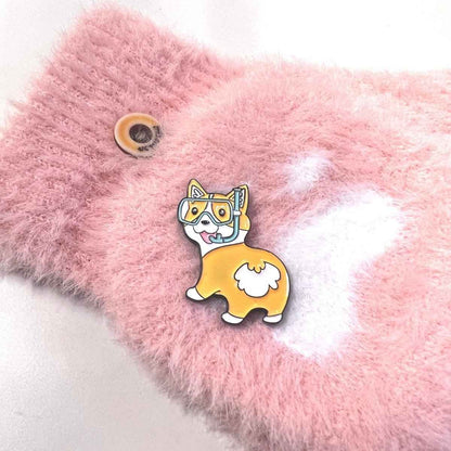 Corgi Enamel Pin with yellow blue brown and white enamel details