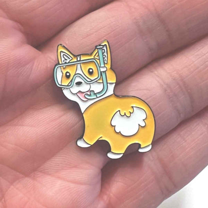 Corgi Enamel Pin with diving goggles and secure dual clutch backing