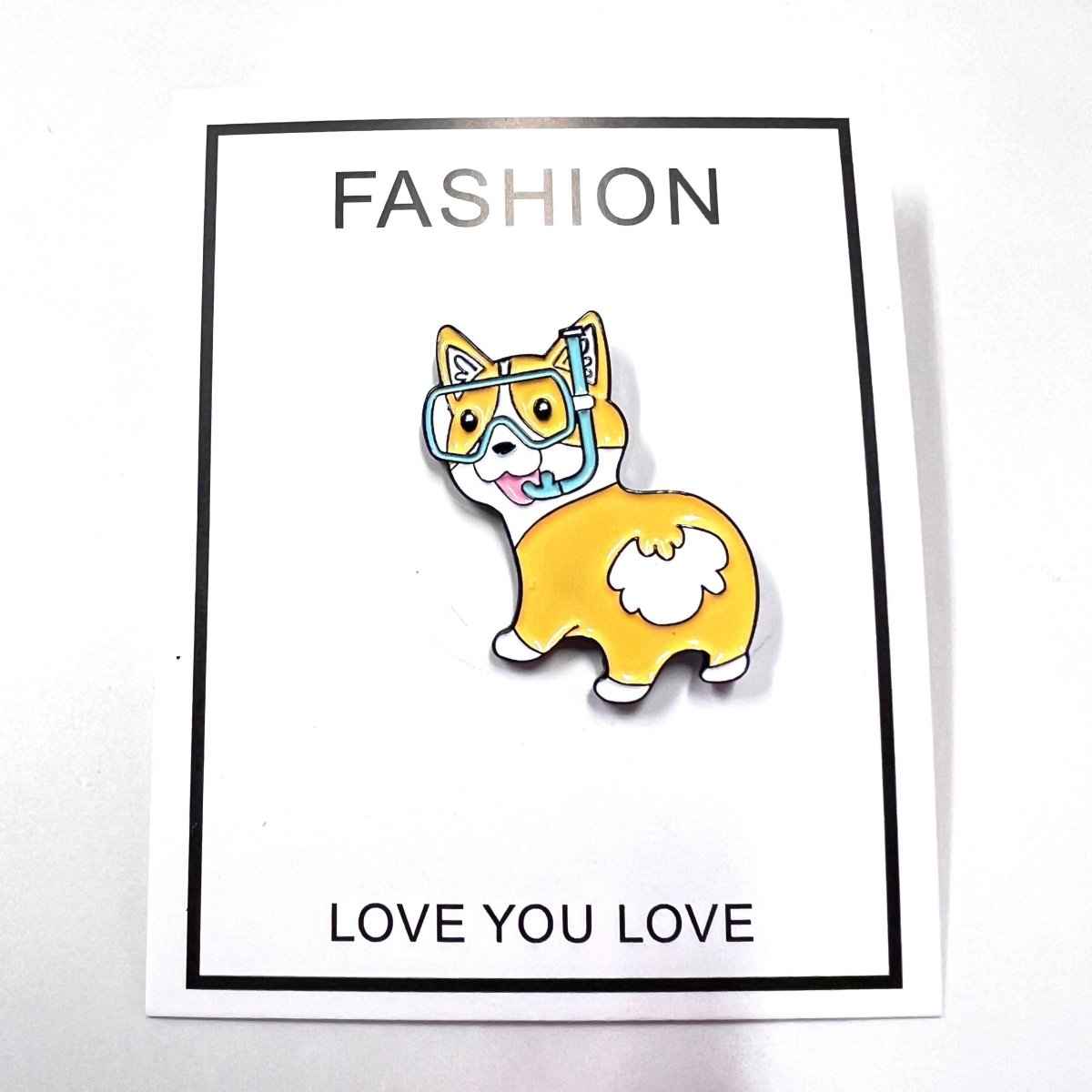 Corgi Enamel Pin featuring a cute dog wearing colorful diving goggles