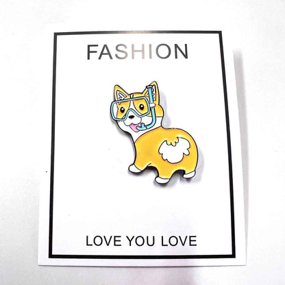 Corgi Enamel Pin featuring a cute dog wearing colorful diving goggles