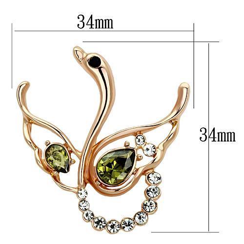 Gold butterfly brooch with green gemstones and measurements on a white background