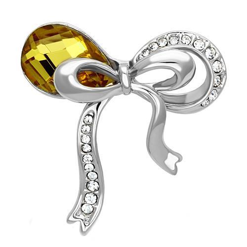 Topaz brooch for women with rhodium white metal finish and synthetic glass bead