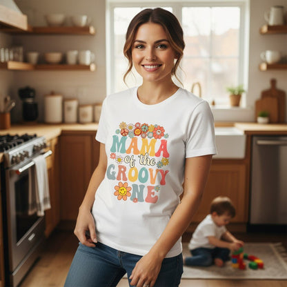 Mama Of The Groovy One T-Shirt Cotton Graphic Tee Mom Gift