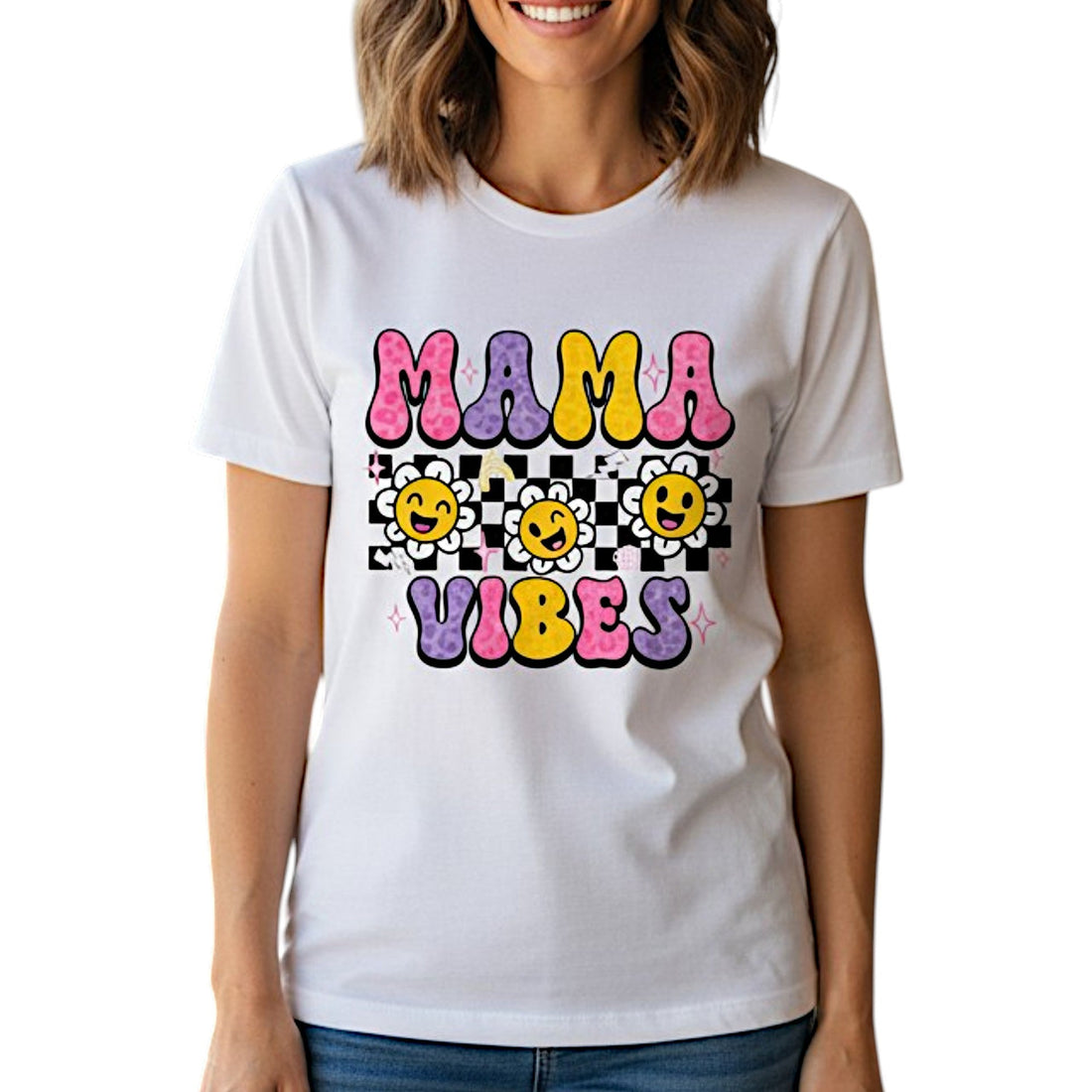 Trendy Checkerboard Mama Vibes Shirt 100% Cotton Short Sleeve Casual Aesthetic Apparel