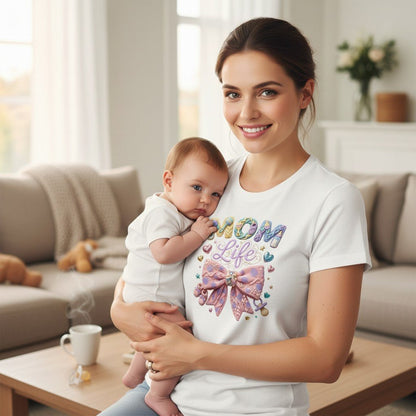 Mom Life Graphic T-Shirt 100% Cotton Pastel Bow Mothers Day Gift