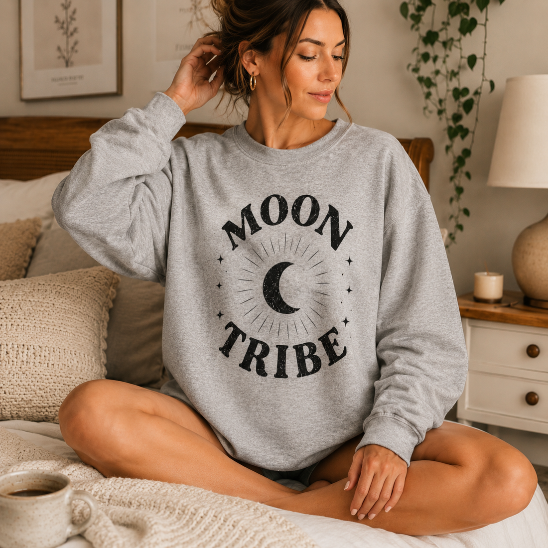 Woman wearing a stylish Moon Tribe Sweatshirt with a crescent moon graphic in heather gray.