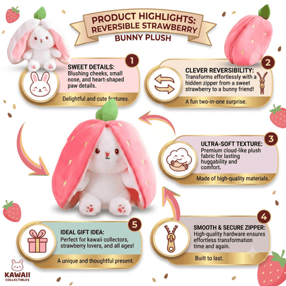 Reversible Strawberry Bunny Plush Toy Soft Polyester Stuffed Animal for Kids Hide and Seek Transforming Toy