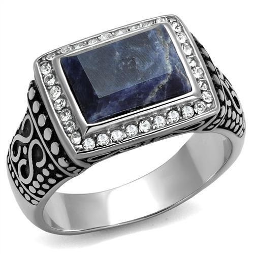 Sodalite stainless steel ring for men with Capri Blue semi-precious stone and high polished finish