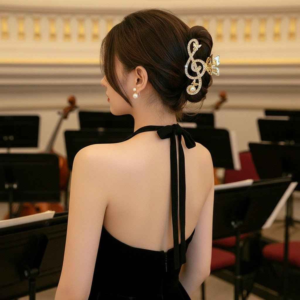 Treble Clef Hair Clip with butterfly embellishments for elegant hairstyles and music events.