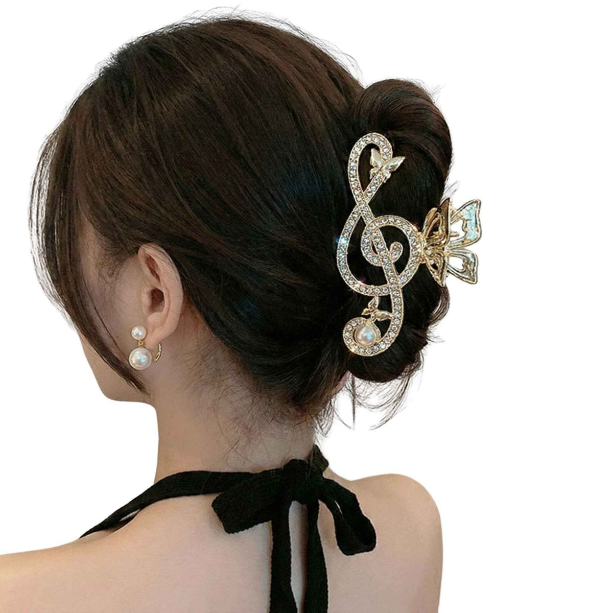 Treble Clef Hair Clip with gold tone metal and sparkling clear rhinestones