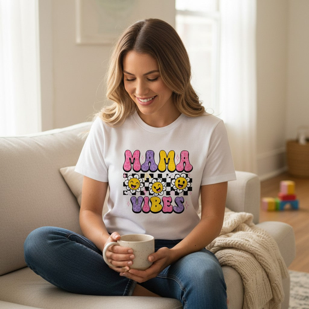 Trendy Checkerboard Mama Vibes Shirt 100% Cotton Short Sleeve Casual Aesthetic Apparel